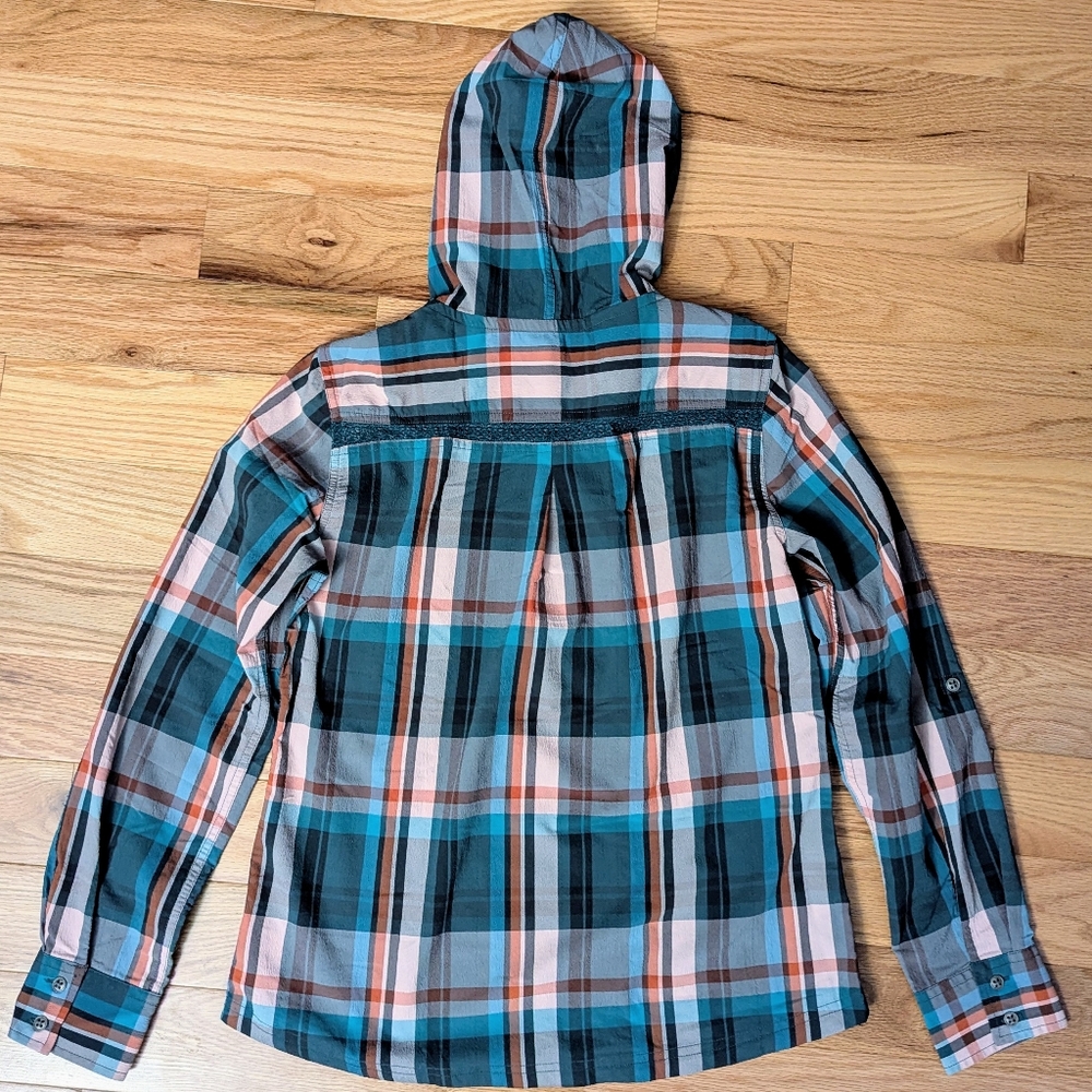Prana Plaid Hooded Blouse - Teal, Orange, Gray - Picture 2 of 6